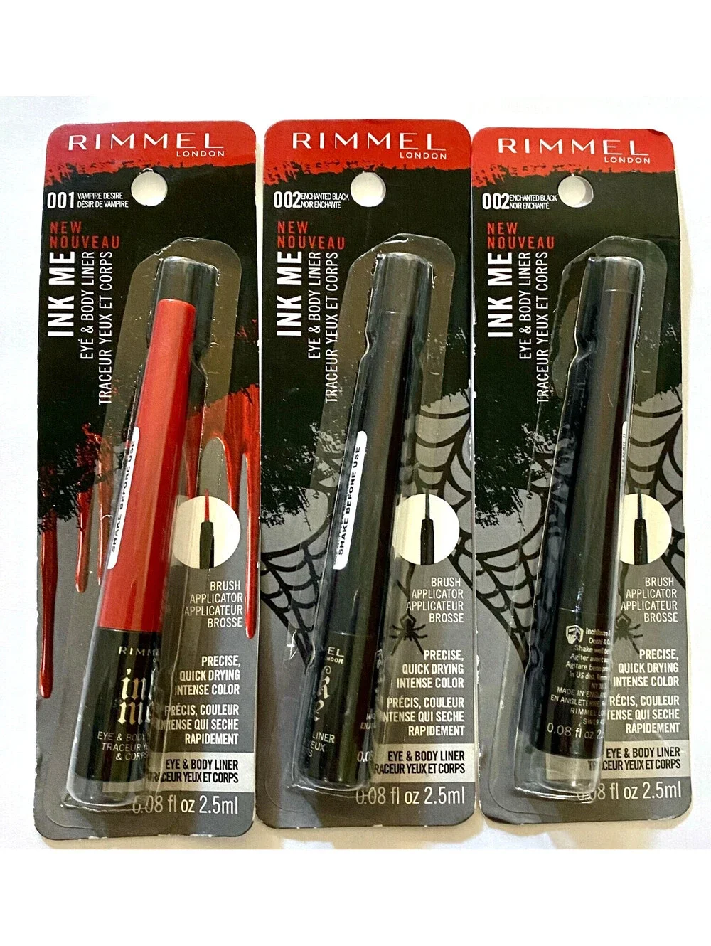 3-Pack NEW RIMMEL Ink Me Eye & Body Liner 001 Vampire Desire 002 Enchanted Black